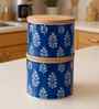 Blue & White Paisley Leaf Printed Metal Airtight Containers Set Of 2