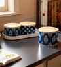 Blue & White Printed Metal Airtight Containers With White Metal Tray Set Of 3