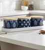 Blue & White Printed Metal Airtight Containers With White Metal Tray Set Of 3