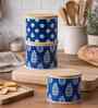 Blue & White Printed Metal Airtight Containers With White Metal Tray Set Of 3