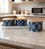 Blue & White Printed Metal Airtight Containers With White Metal Tray Set Of 3