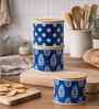 Blue & White Printed Metal Airtight Containers With White Metal Tray Set Of 3