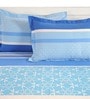 Blue 120 TC Stripes Print Cotton Fitted Double Bed Sheet with 2 Pillow Cover
