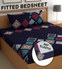 Blue 180 TC Geometric Cotton Fitted Double Bedsheet 2 Pillow covers