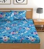 Blue 180 TC Floral Cotton Fitted Double Bedsheet 2 Pillow covers