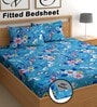Blue 180 TC Floral Cotton Fitted Double Bedsheet 2 Pillow covers