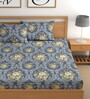 Blue 200 TC Floral Cotton Fitted Double Bedsheet 2 Pillow covers