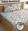 Blue 200 TC Floral Cotton Fitted Double Bedsheet 2 Pillow covers