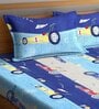 Blue Vehicle Theme 240 TC Cotton Queen Sized Kids Bed Sheet with 2 Pillow Covers