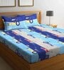 Blue Vehicle Theme 240 TC Cotton Queen Sized Kids Bed Sheet with 2 Pillow Covers