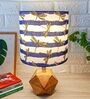 Blue and White Shade Table Lamp With Wood Base