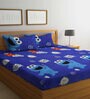 Blue Cartoon Printed 300 TC Cotton Blend Kids Double Bedsheet With 2 Pillow Covers