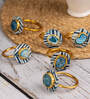 Blue Cotton Fabric Coated Mdf Napkin Rings Set Of 6 With Agate