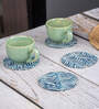 Blue Cotton Fabric Coated Mdf Round Coaster Set Of 4
