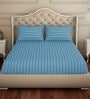 Blue Striped 300 TC Cotton Blend Queen Sized Bed Sheets with 2 Pillow Covers