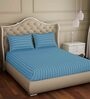 Blue Striped 300 TC Cotton Blend Queen Sized Bed Sheets with 2 Pillow Covers