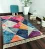 Blue Geometric Faux Silk 5 ft x 7 ft Hand Woven Carpet