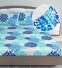 Blue Floral 144 TC Cotton King Fitted Bedsheet with 2 Pillow Covers