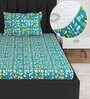 Blue Floral 144 TC Cotton Single Fitted Bedsheet With 1 Pillow Cover