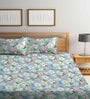 Blue Floral 300 TC Cotton Blend Double King Sized Bedsheet With 2 Pillow Covers