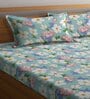 Blue Floral 300 TC Cotton Blend Double King Sized Bedsheet With 2 Pillow Covers
