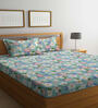 Blue Floral 300 TC Cotton Blend Double Queen Bedsheet With 2 Pillow Covers