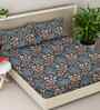 Blue Floral 300 TC Cotton Blend King Size Fitted Double Bedsheet with 2 Pillow Covers