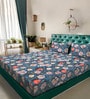Blue Floral 7D King Size Cotton Blend Double Bedsheet with 2 Pillow Covers