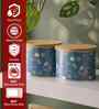 Blue Floral Chevron Printed Metal Airtight Containers With Wooden Lids Set Of 2