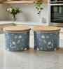 Blue Floral Chevron Printed Metal Airtight Containers With Wooden Lids Set Of 2