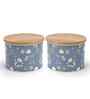 Blue Floral Chevron Printed Metal Airtight Containers With Wooden Lids Set Of 2