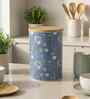 Blue Floral Chevron Printed Metal Airtight Storage Container With Wooden Lid