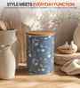 Blue Floral Chevron Printed Metal Airtight Storage Container With Wooden Lid