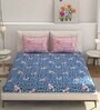 Blue Floral Glace Cotton Queen Fitted Bed Sheets with 2 Pillow Covers (240 tc)