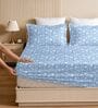 Blue Glace Cotton Floral Print Elastic Fitted King Bedsheet With 2 Pillow Covers