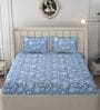 Blue Glace Cotton Floral Print Elastic Fitted King Bedsheet With 2 Pillow Covers