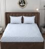 Blue Glace Cotton Self Design Elastic Fitted King Bedsheet With 2 Pillow Covers