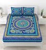 Blue Traditional 120 TC Cotton Queen Sized Bedsheet with 2 Pillow Cover