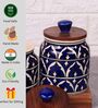 Blue Jodhpuri Hand Painted Ceramic Jar with Wooden Lid Set of 2