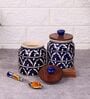 Blue Jodhpuri Hand Painted Ceramic Jar with Wooden Lid Set of 2