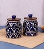 Blue Jodhpuri Hand Painted Ceramic Jar with Wooden Lid Set of 2