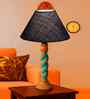 Blue Jute Table Lamp With Wood  Base 10X19 Inches
