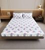 Blue Pink Floral 144 Tc Cotton Double Bedsheet With 2 Pillowcovers