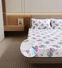 Blue Pink Floral 144 Tc Cotton Elastic Fitted Double Bedsheet With 2 Pillowcovers