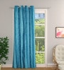 Blue Polyester Floral Light Filtering Eyelet 7 Feet Door Curtain