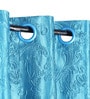 Blue Polyester Floral Light Filtering Eyelet 9 Feet Door Curtain
