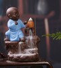 Blue Karate Styl Monk Buddha Smoke Fountain with 10 Backflow Cone Decorative Incense Holder
