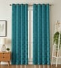 Blue Poleyster Floral 7 Feet Semi Transperency Ring Top Door Curtains 2Pcs