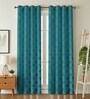 Blue Poleyster Floral 9 Feet Semi Transperency Ring Top Long Door Curtains 2Pcs