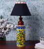 Blue Pottery Mugal Art Ceramic Cylindrical Black Cotton Shade Table Lamp With Multicolor Base